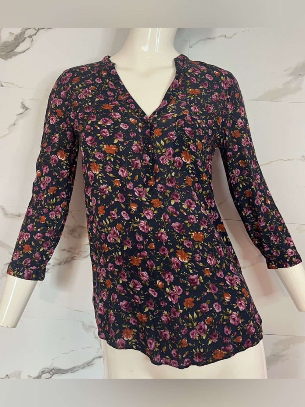 Zara Basic Navy Blouse Pink & Orange Floral Print 3/4 Sleeves Size XS